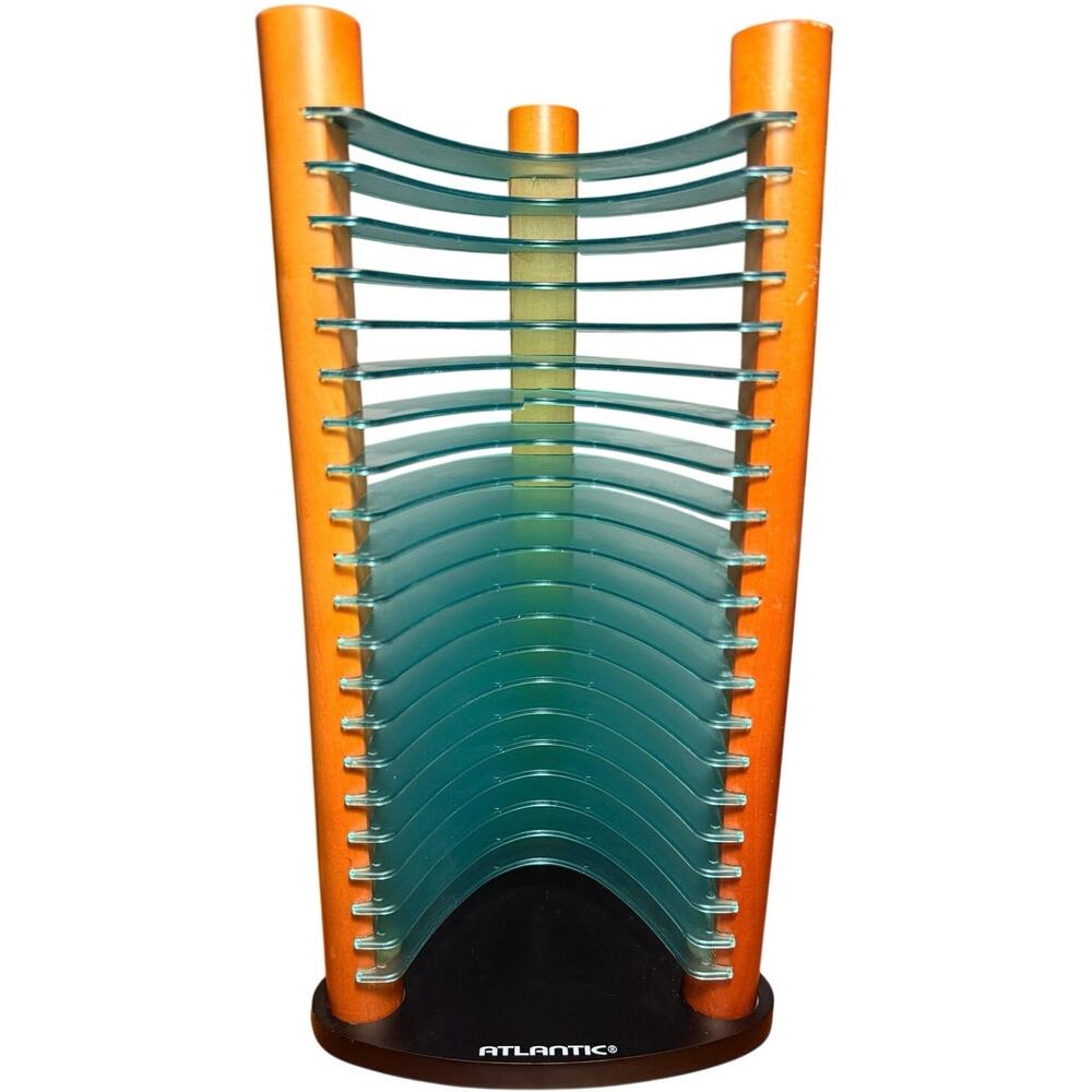 Vintage Y2K Atlantic 20 CD Storage Tower Rack Translucent Teal Wave Wood Base
